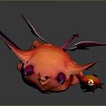 Red Imp Game Movie Character With Horns Large Ears Holding Pitchfork Lantern And Floating Cubes