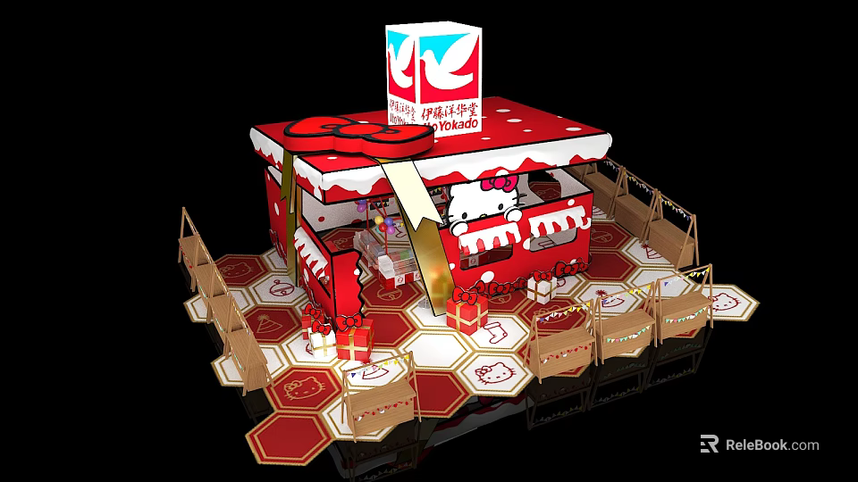 Red Hello Kitty Themed Booth With Hexagonal Floor And Seating Setup 3d model