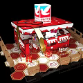 Red Hello Kitty Themed Booth With Hexagonal Floor And Seating Setup 3d model