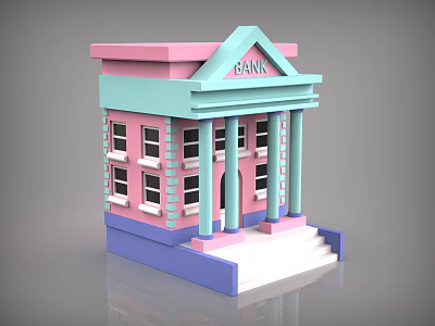 Cartoon Style Bank Building With Pink Light Blue And Purple Colors Columns And Steps 3d model