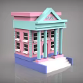Cartoon Style Bank Building With Pink Light Blue And Purple Colors Columns And Steps