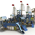 Pirate Ship Themed Playground Equipment with Multiple Towers Slides Nets and Flags 3d model