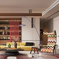 Elegant Luxury Living Room Interior With Yellow Sofa Colorful Painting Wooden Bookshelf And Geometric Rug