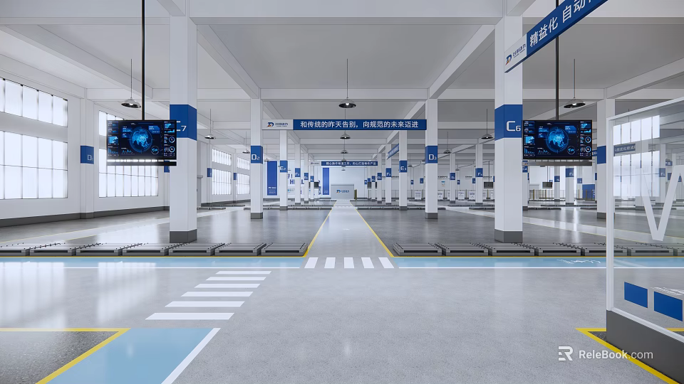 Spacious Industrial Factory Interior With White Pillars Blue Signs Hanging Equipment and Floor Lines 3d model 