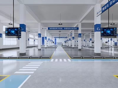 Spacious Industrial Factory Interior With White Pillars Blue Signs Hanging Equipment and Floor Lines 3d model