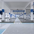 Spacious Industrial Factory Interior With White Pillars Blue Signs Hanging Equipment and Floor Lines