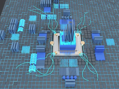 3D Rendering of Computer Chip With Blue Components and Grid Background 3d model