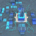 3D Rendering of Computer Chip With Blue Components and Grid Background