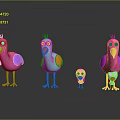 Colorful Cartoon Style Birds In Various Sizes With Bright Colors On Black Reflective Surface