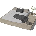 Modern Double Bed Platform Design With Wooden Frame Gray Bedding Pillows Plants And Decorative Items