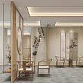 Serene Traditional SPA Sauna Space With Wooden Screens Greenery And Seating