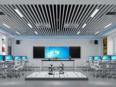 School Modern Technology Classroom with Computers Large Screen and Robots for Interactive Learning 3d model