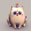 Cute Round Bodied Cartoon Cat Character With Big Eyes Mushroom On Head And Small Plants