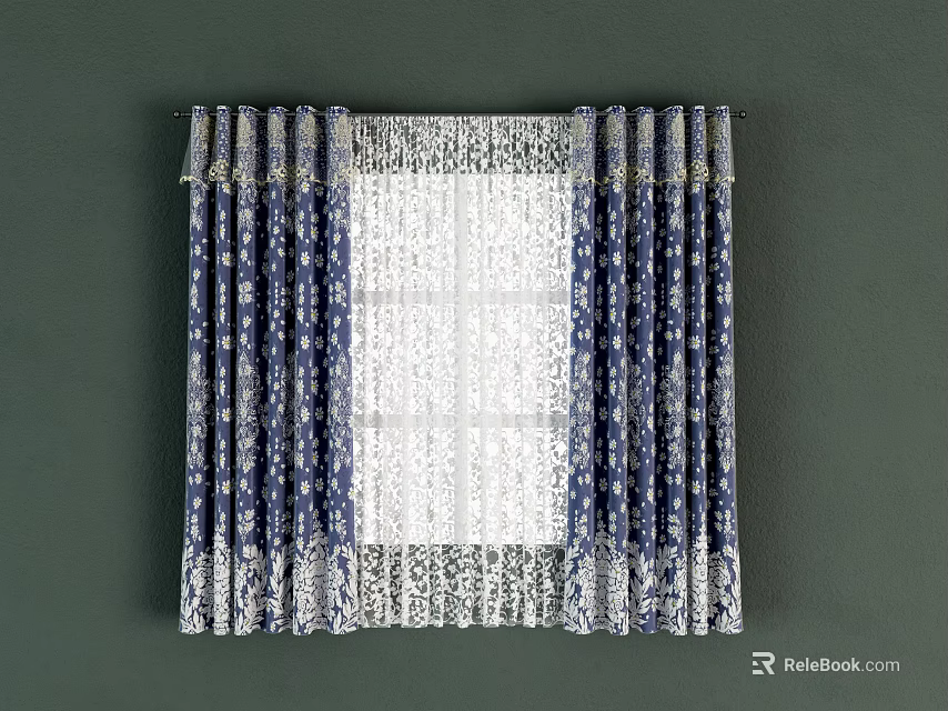 Blue And White Curtains With Floral Pattern Sheer Center Panel And Decorative Edges 3d model 