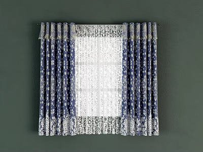 Blue And White Curtains With Floral Pattern Sheer Center Panel And Decorative Edges 3d model