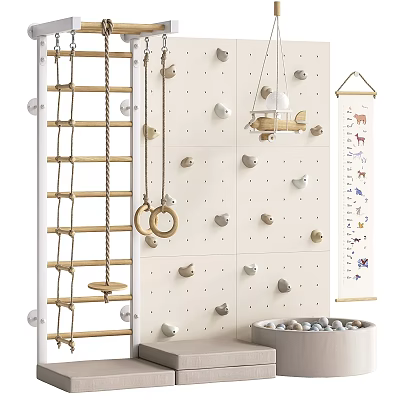 Kids Play Equipment With Climbing Wall Rope Ladder Rings Wooden Plane Alphabet Banner Ball Pit 3d model