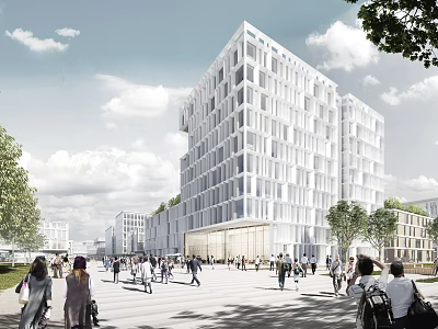 Modern Office Building With Glass Facade Surrounded By Pedestrians And Greenery Under Cloudy Sky 3d model