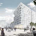 Modern Office Building With Glass Facade Surrounded By Pedestrians And Greenery Under Cloudy Sky