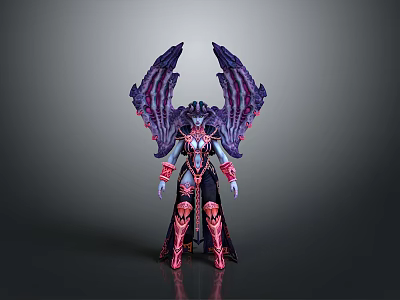 Woman With Purple Pink Wings In Ornate Outfit And Armor Elements Standing 3d model