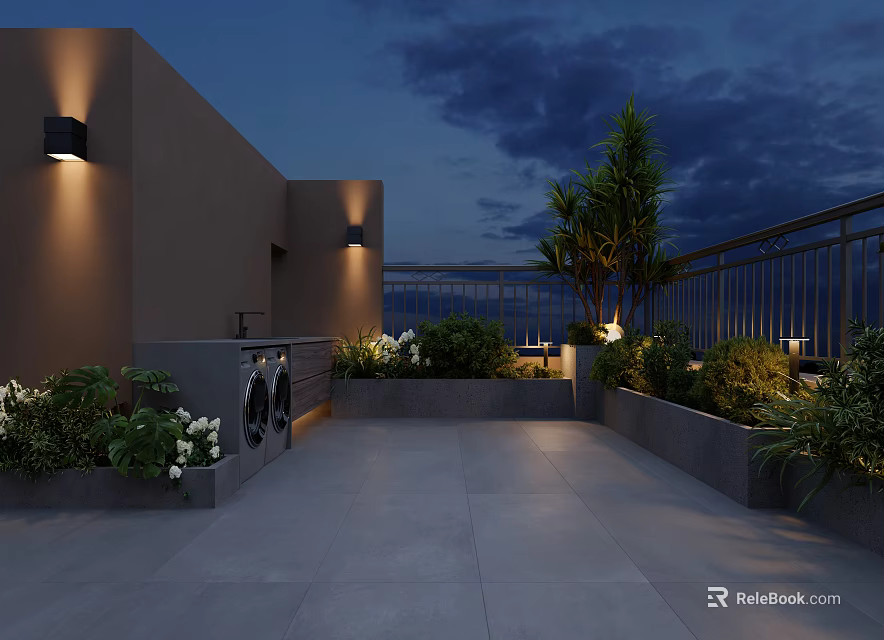 Rooftop Garden Night View With Outdoor Lighting Green Plants Paved Area And Metal Railing 3d model 