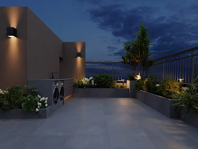 Rooftop Garden Night View With Outdoor Lighting Green Plants Paved Area And Metal Railing 3d model