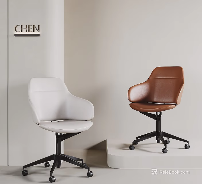 Modern White and Brown Leather Office Chairs with Swivel Wheels for Office or Home Workspace 3d model 