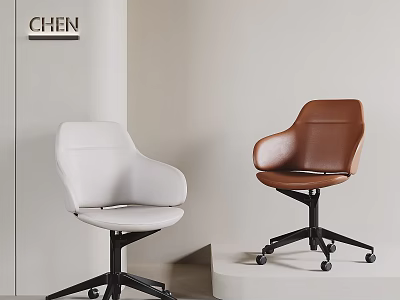Modern White and Brown Leather Office Chairs with Swivel Wheels for Office or Home Workspace 3d model