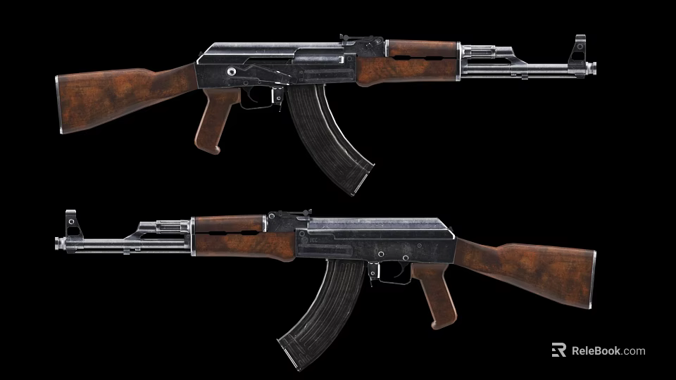 Two Classic AK Rifles With Wooden Stock And Metal Components On Black Background 3d model 