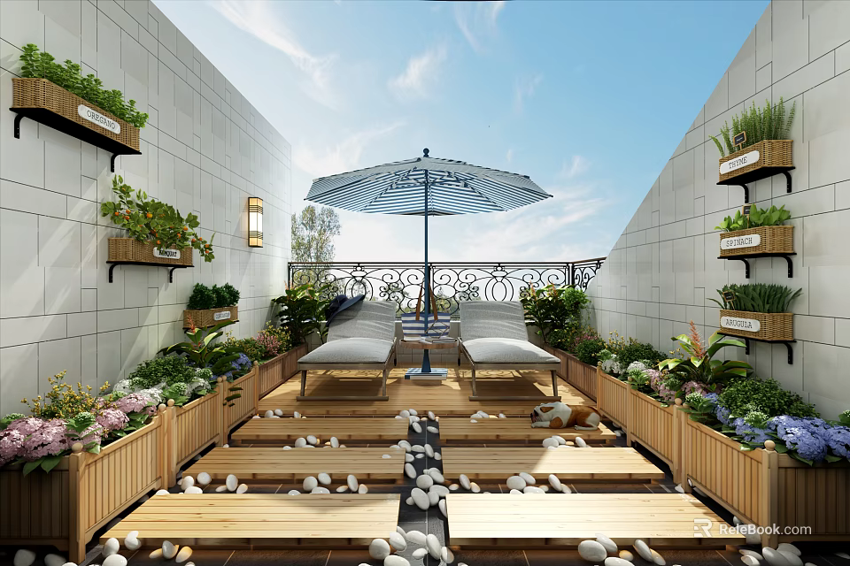 Cozy Rooftop Garden With Wooden Deck Pebble Pathway Loungers Umbrella And Greenery 3d model 