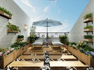 Cozy Rooftop Garden With Wooden Deck Pebble Pathway Loungers Umbrella And Greenery 3d model