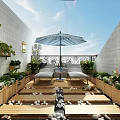 Cozy Rooftop Garden With Wooden Deck Pebble Pathway Loungers Umbrella And Greenery