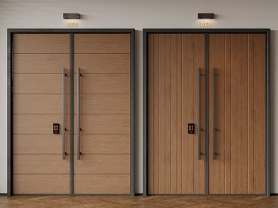 Brown Wooden Double Doors With Black Frames Vertical Wood Grain And Metal Handles 3d model