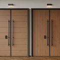 Brown Wooden Double Doors With Black Frames Vertical Wood Grain And Metal Handles