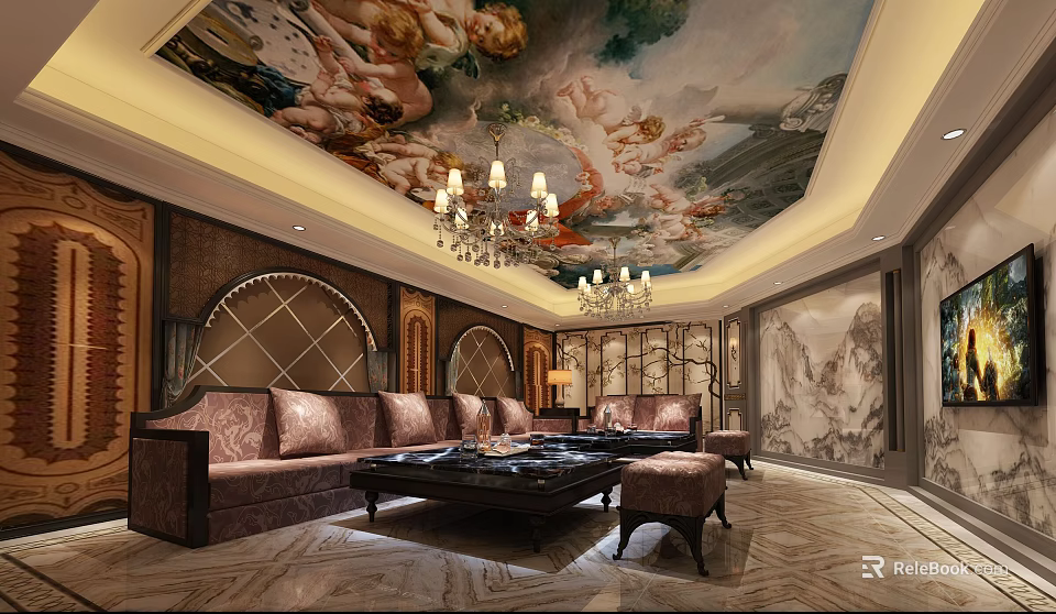 Luxurious KTV Interior With Mural Ceiling Elegant Chandeliers Sofas And Coffee Table 3d model 