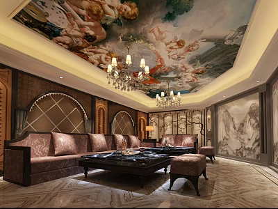 Luxurious KTV Interior With Mural Ceiling Elegant Chandeliers Sofas And Coffee Table 3d model