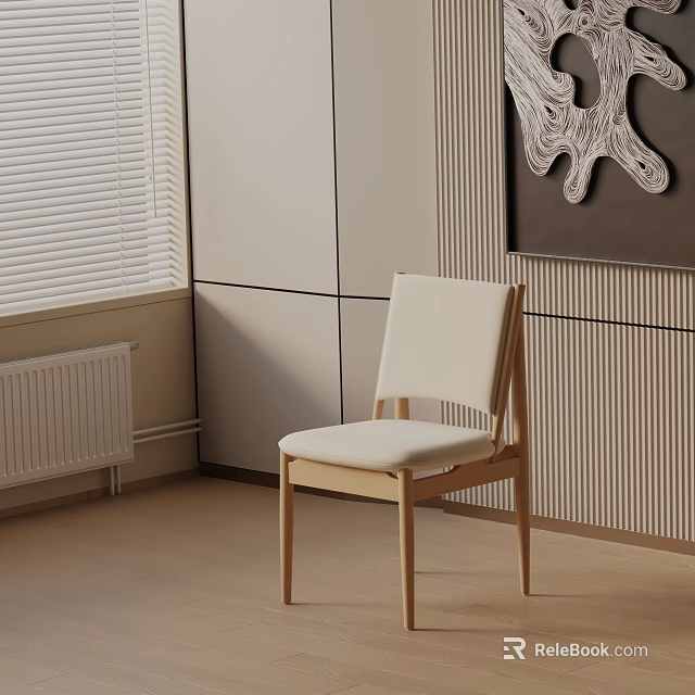 Minimalist Dining Chair With Wooden Frame White Cushion By Light-Colored Walls And Window Blinds 3d model 
