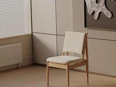 Minimalist Dining Chair With Wooden Frame White Cushion By Light-Colored Walls And Window Blinds 3d model