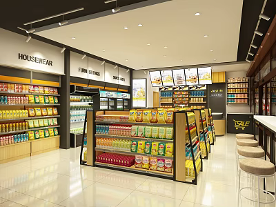Modern Supermarket Interior With Grocery Food And Household Items On Organized Shelves 3d model