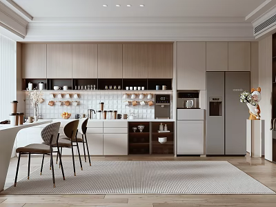Modern Break Room with Wooden Cabinets White Countertops Bar Stools Coffee Machine and Microwave 3d model