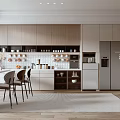 Modern Break Room with Wooden Cabinets White Countertops Bar Stools Coffee Machine and Microwave