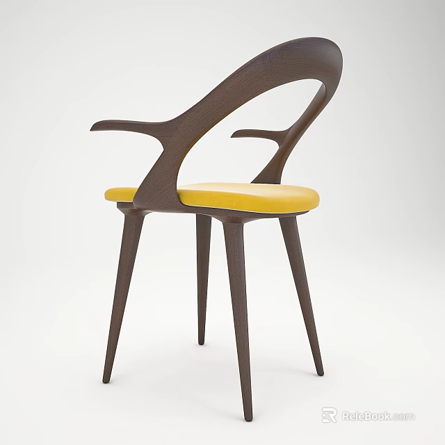 Modern Wooden Frame Armchair With Yellow Cushion Curved Armrests And Slender Legs 3d model 