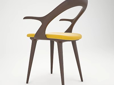 Modern Wooden Frame Armchair With Yellow Cushion Curved Armrests And Slender Legs 3d model