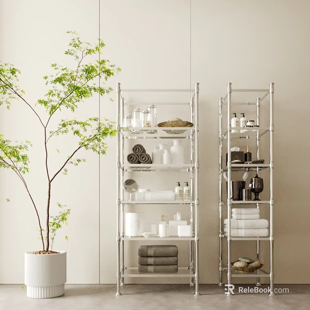 Stainless Steel Shelving Units with Towels Bottles Dishes and Green Plant in Modern Light Room 3d model 
