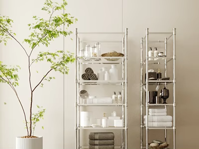 Stainless Steel Shelving Units with Towels Bottles Dishes and Green Plant in Modern Light Room 3d model
