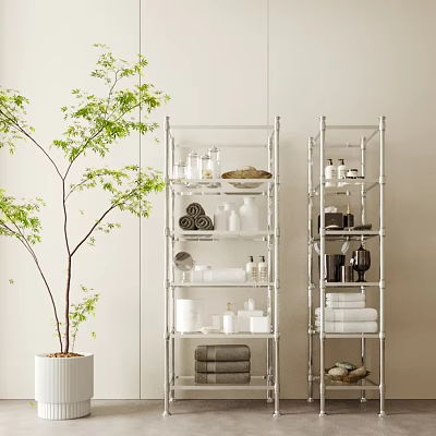 Stainless Steel Shelving Units with Towels Bottles Dishes and Green Plant in Modern Light Room 3d model