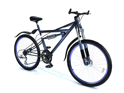 Dark Blue Mountain Bicycle With Black Seat Handlebars Suspension Fork And Blue Rimmed Wheels 3d model
