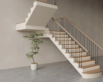 Modern Stairs With Wooden Steps Black Metal Railings And Potted Plant 3d model