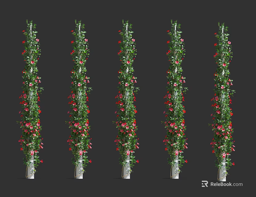 Decorative Vines with Green Leaves and Red Flowers in White Pots for Vertical Garden 3d model 