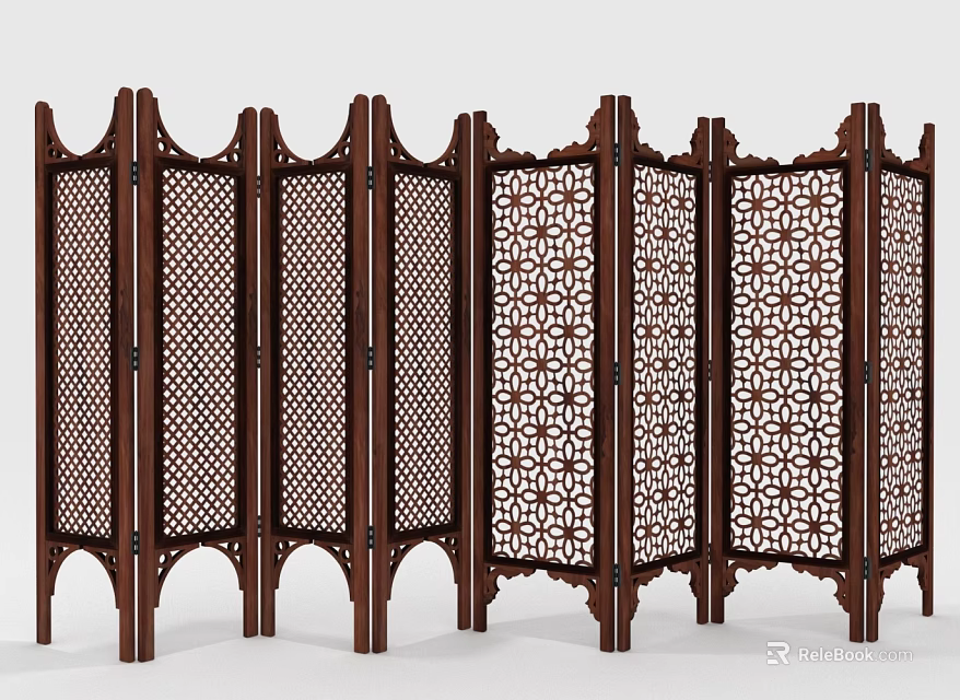 Traditional Wooden Folding Screen With Intricate Carved Patterns And Multi Panels 3d model 