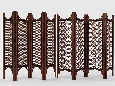 Traditional Wooden Folding Screen With Intricate Carved Patterns And Multi Panels 3d model